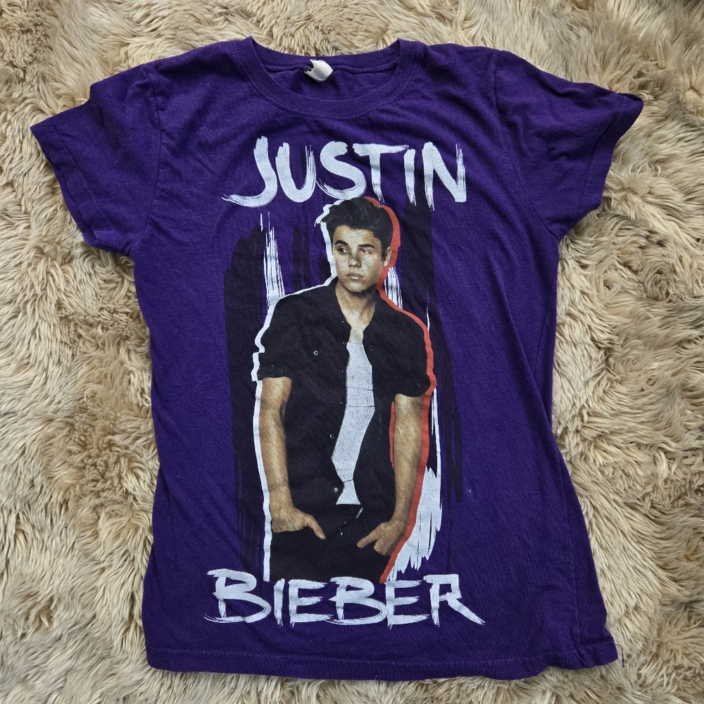 Medium Purple Cotton Y2K Justin Bieber T-shirt Short Sleeve Top